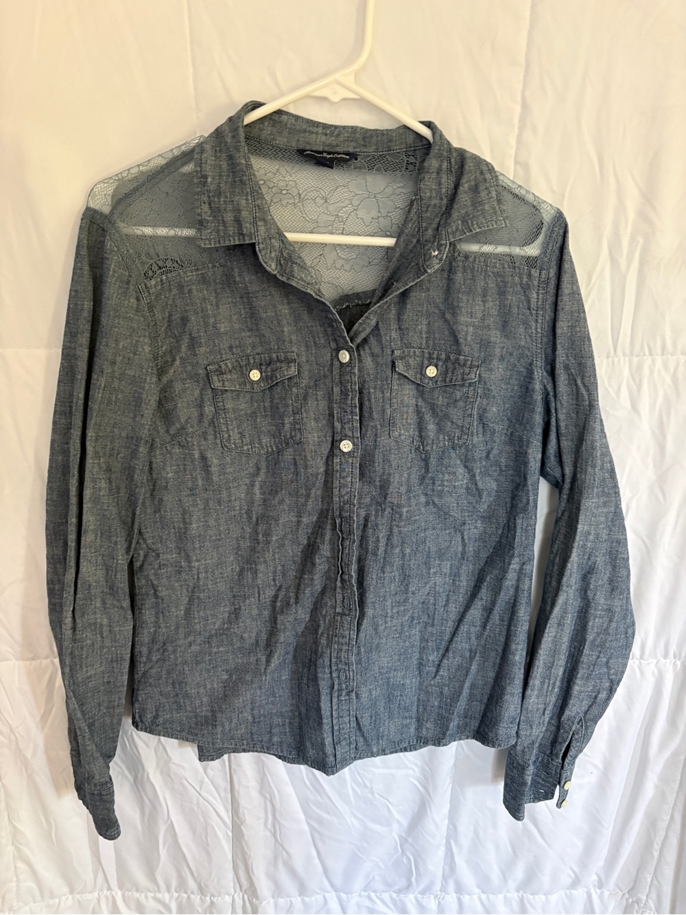 American Eagle Outfitters Blue Chambray Button-Front Shirt with Lace Yoke